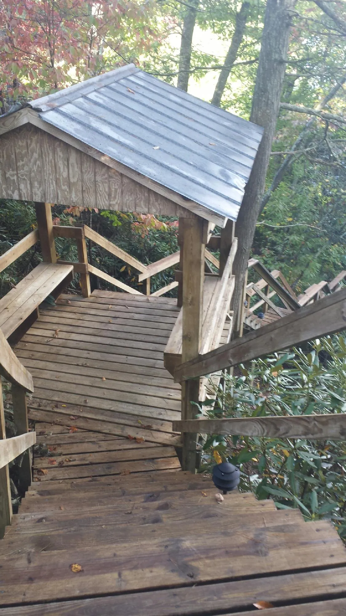 Metal roofed shelter over wooden steps on a wooded walkway — Skylight Repair & Installation work by our crew in Yucaipa